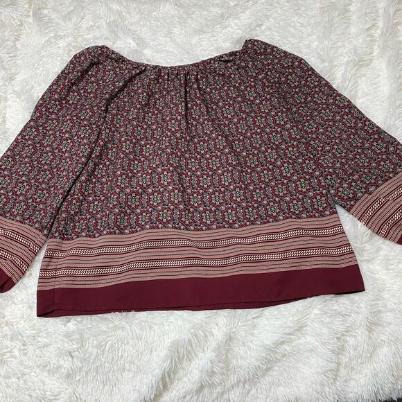 Bobeau Relaxed Top Blouse Tile Print Medallion Boat Neck Top Burgundy Size S - Picture 10 of 13